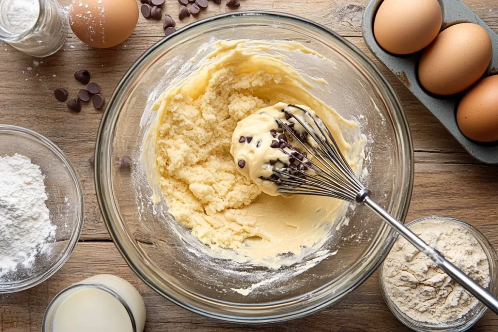 Mixing chocolate chip muffin batter in a bowl