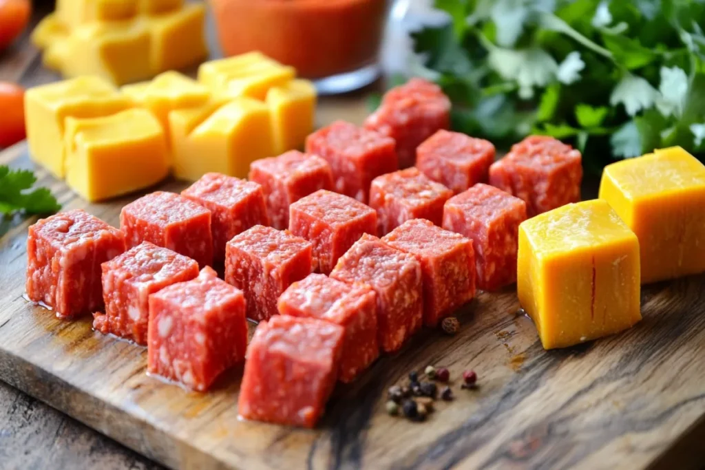 Ingredients for rotel dip recipe on a wooden board