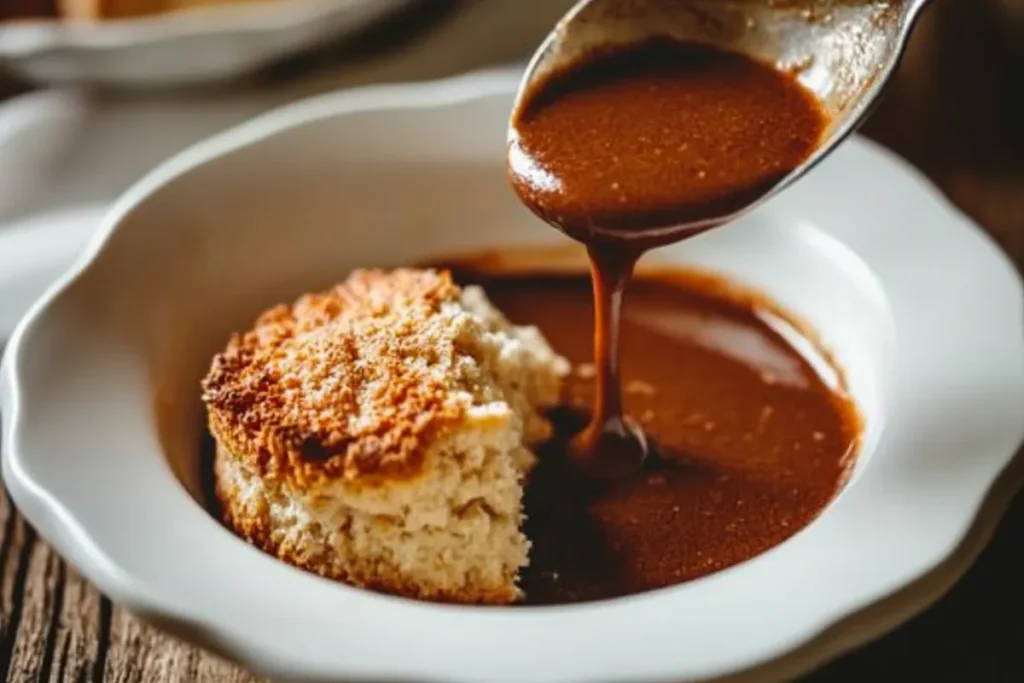 Chocolate gravy being poured over biscuits