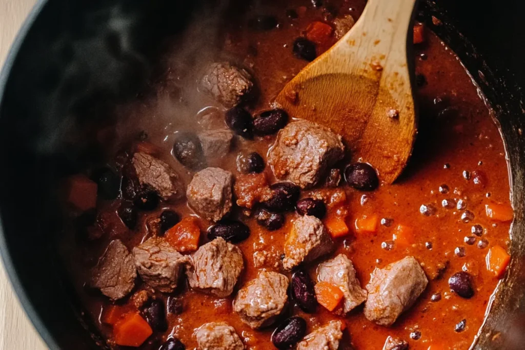 Venison chili cooking in a Dutch oven