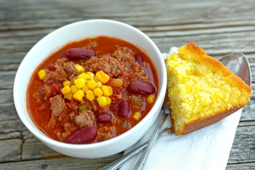 Bowl of venison chili with cornbread