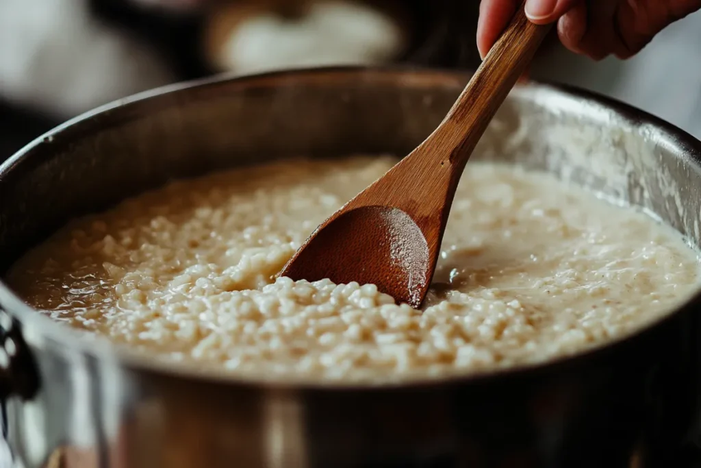 Stirring arroz con leche in a pot