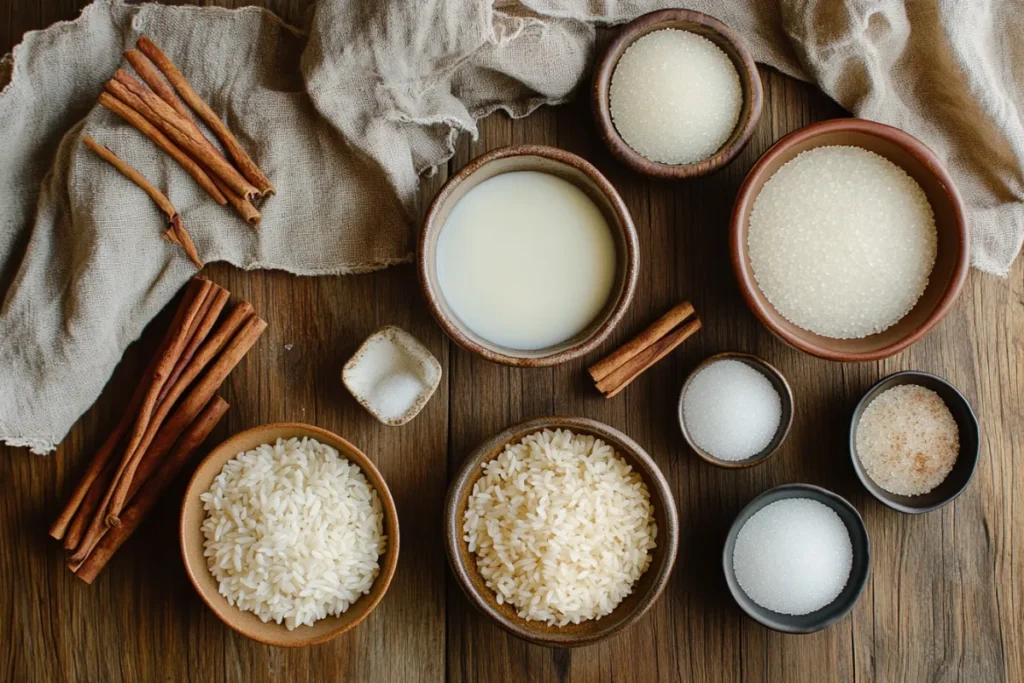 Ingredients for arroz con leche on a kitchen counter