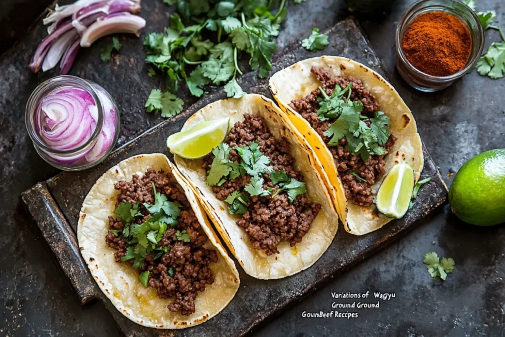 Wagyu Ground Beef Tacos with Colorful Spicy Slaw