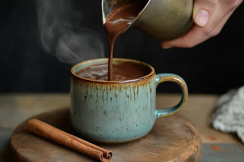 Pouring hot chocolate into a mug