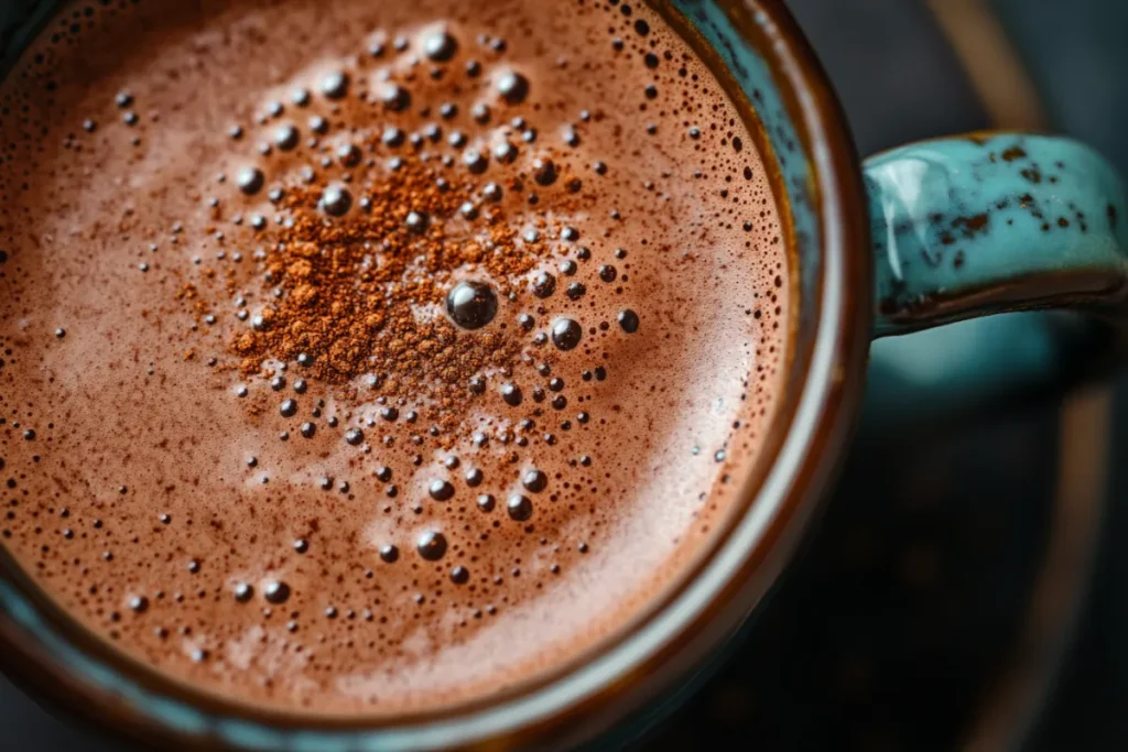 Close-up of creamy bone broth hot chocolate