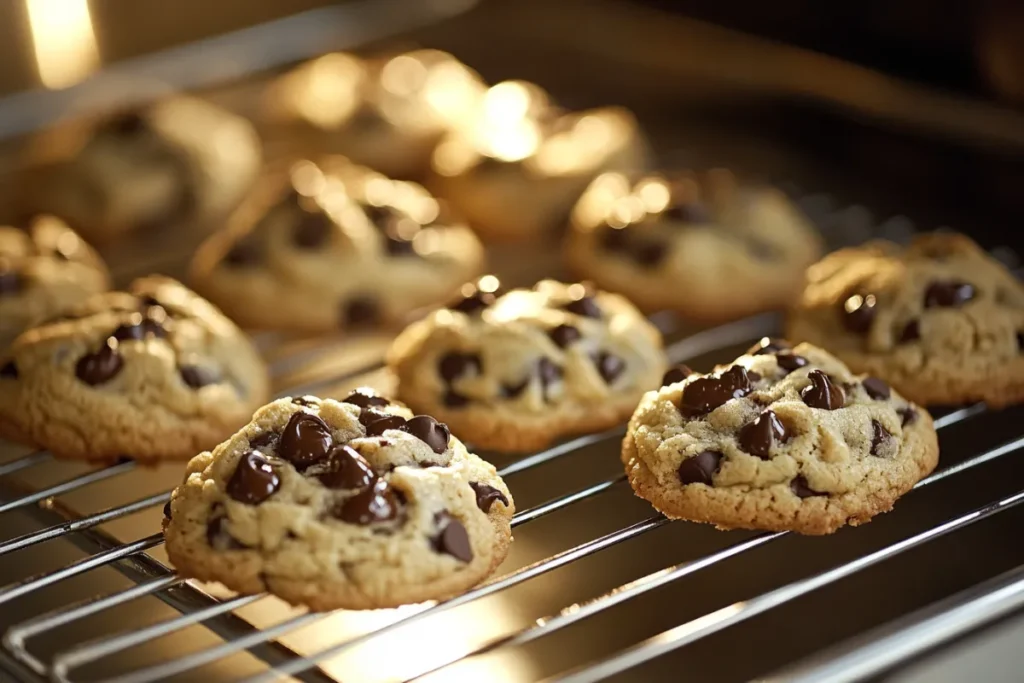 Freshly baked chocolate drop cookies on a cooling rack.