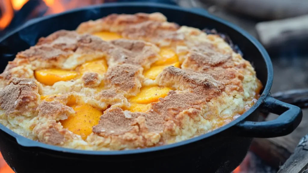 Dutch oven peach cobbler dessert
