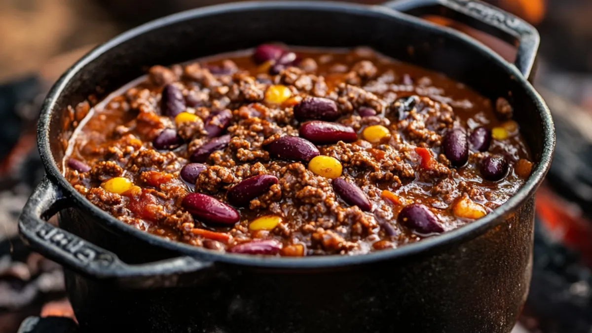 Cast iron Dutch oven cooking over campfire